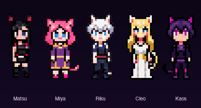CatBun Idle heroes — Matsu, Miya, Riku, Cleo, Kaos